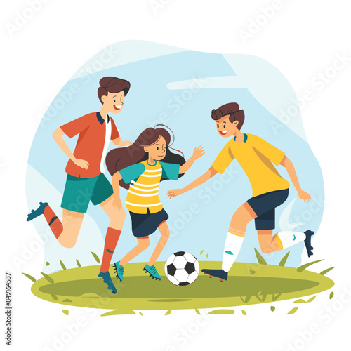 Three children playing soccer outdoors, one girl dribbling while chase. Kids wearing sporty outfits, one girl brunette, brown, football match, playful mood, sunny day