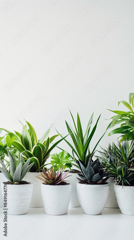 Fototapeta premium Various exotic plants in white pots on a white background.