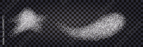 Salt or sugar powder grainy texture.White sugar particles splash. Vector isolated on dark transparent background.