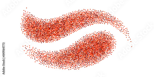 Spice powder splash. Chilli, red pepper, paprika. Spicy wave splatter; seasoned dynamic ground burst. Vector isolated on transparent background, top view.