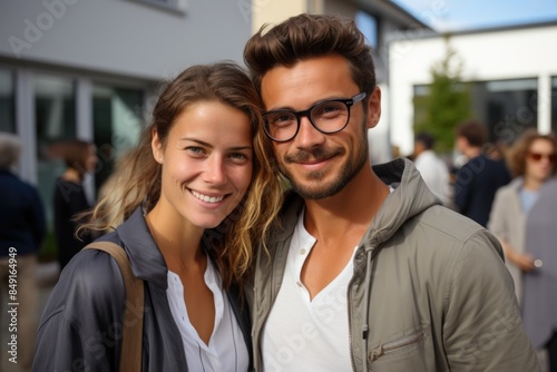 Couple in front of the new big and modern house, happy for the outdoor realization, generative IA © Gabriel