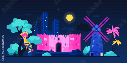 Damascus Gate at night - modern colored vector illustration with main entrance of the Muslim quarter of the Jerusalem Old City, Montefiore Windmill and hoopoe sitting on a tree branch under the moon