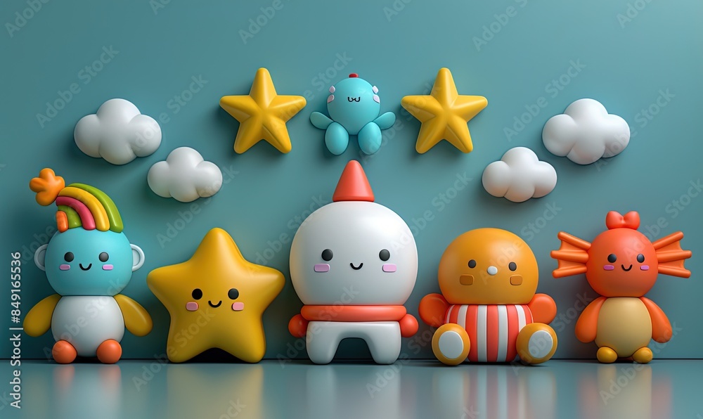 Children's plastic toys on a blue background. Child development. Child and education concept Children's plastic toys on a blue background. Child development. Child and education concept