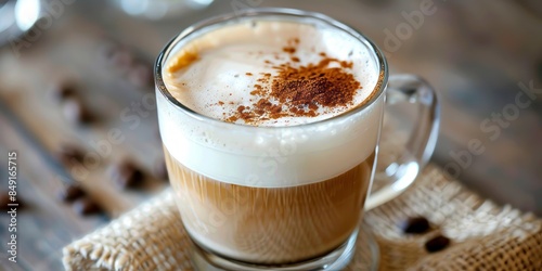 Cappuccino is a beverage made with cocoa, skim milk, coffee, and a hint of vanilla, enjoyed hot or cold. photo