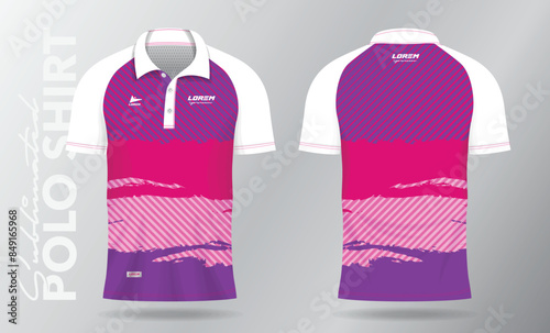 pink and purple jersey polo shirt mockup template design for badminton, tennis, soccer, football or sport uniform in front view and back view.