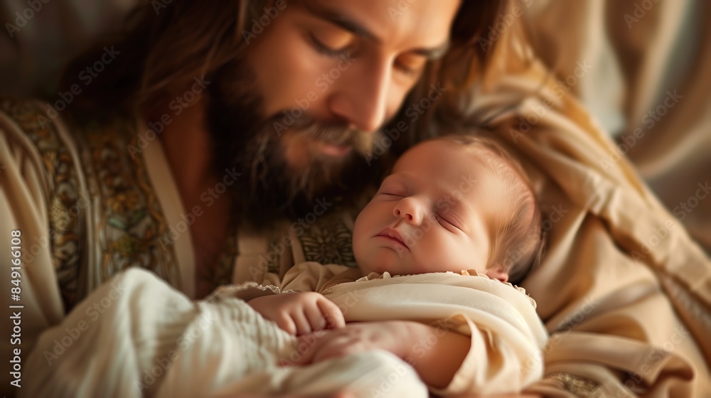 Jesus Christ gently hold a newborn baby. Religion and Christianity concept Jesus Christ gently hold a newborn baby. Religion and Christianity concept