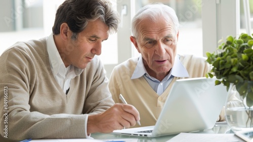 Generational Financial Planning - Mature Male Businessman and Senior Father Analyzing Monthly Finances on Laptop in Modern Office Setting with Focused Expressions