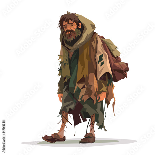Homeless man walking, weary expression, looking down, wearing tattered layers, need assistance. Depressed male ragged clothing, beard, sandals, hooded figure needing help. Disheveled person