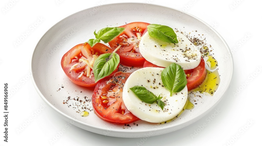 Plate with mozzarella and tomato slices on a white background with studio lighting. A delicious looking caprese salad features fresh basil leaves drizzled with olive oil on top. Plate with mozzarella and tomato slices on a white background with studio lighting. A delicious looking caprese salad features fresh basil leaves drizzled with olive oil on top.