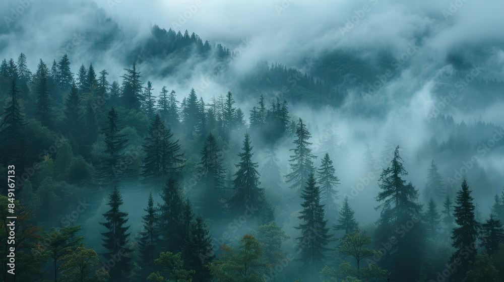 A beautiful landscape of a misty forest. The trees are tall and green, and the mist is thick and white. A beautiful landscape of a misty forest. The trees are tall and green, and the mist is thick and white.