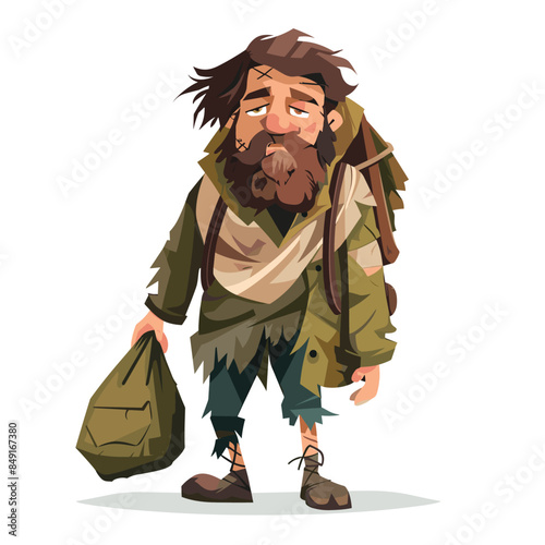 Cartoon male character appears disheveled, tired sad, homeless, holding bag. Character has beard, messy hair, tattered green jacket, brown shoes. Art style digital, colorful, cartoonish, clearcut