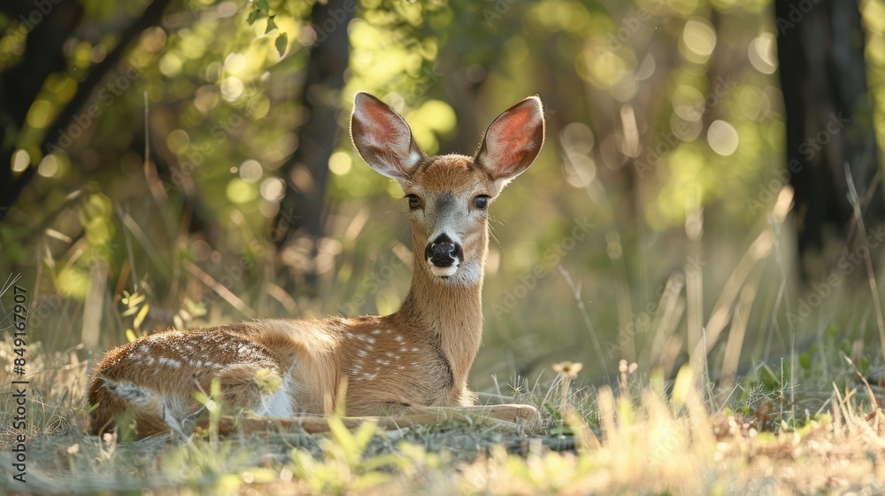 A young fawn rests in a sunlit forest clearing, its large ears perked up as it listens to the sounds of the forest.