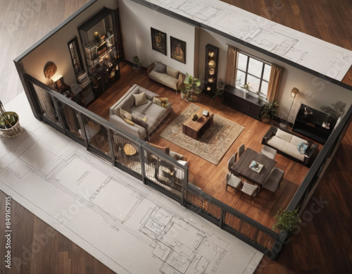 Vista angolare di un appartamento 3D su un progetto architettonico, evidenziando la distribuzione degli spazi interni.
