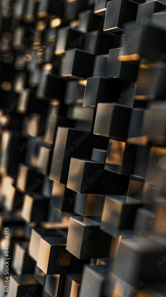 Obraz premium Abstract close-up of black geometric cubes in various sizes, geometric art concept. Background with copy space.