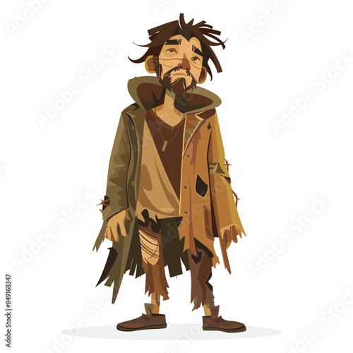 Illustration homeless man standing, looking tired disheveled. Beard, mustache, unkempt hair, tattered brown coat, patched trousers. Sad male character, poverty, social issue theme