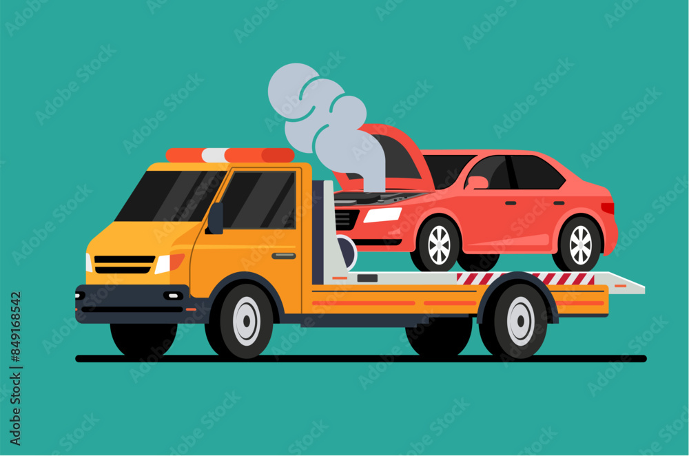 Car tow truck accident roadside assistance broken car smoke. Crash breakdown flatbed blue car recovery tow truck Car tow truck accident roadside assistance broken car smoke. Crash breakdown flatbed blue car recovery tow truck
