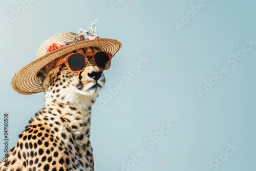 Cheetah wearing a straw hat and sunglasses with a flower behind the ear on a plain blue background