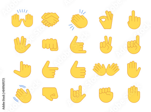 Emoji vector cartoon hands gesture design chat social media icons. Emoticon isolated yellow hand symbol set.