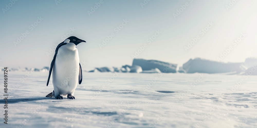 Fototapeta premium A penguin stands on a pristine snow-covered landscape with a clear blue sky and icy terrain
