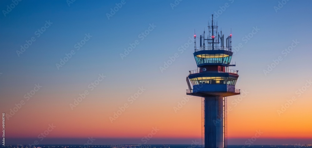 Stunning sunset view of a control tower against a colorful sky, symbolizing aviation, communication, and travel.