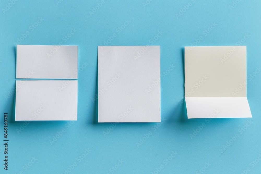 three blank paper notes on a blue background. three blank paper notes on a blue background.