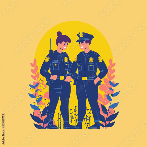 Two police officers uniform smiling, friendly professional law enforcement characters, male female cops partnership. Police officers standing together, teamwork public service, illustrated cops
