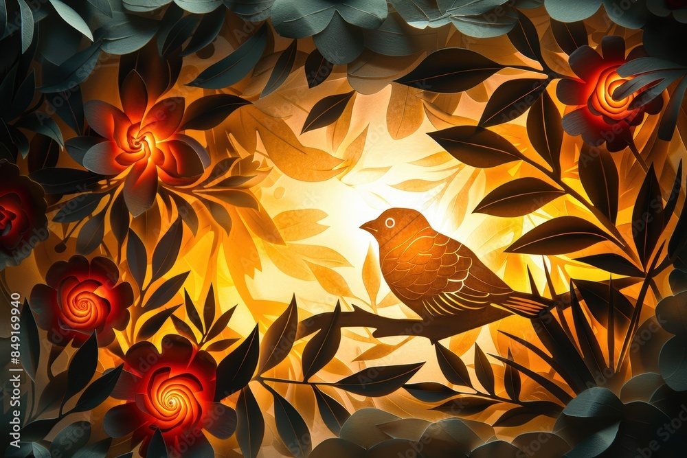 Fototapeta premium A beautiful bird is sitting on a branch in a lush garden. paper cut style background