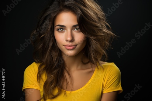 Beautiful young brunette satisfied with a casual hairstyle, supporting the chin in, generative IA
