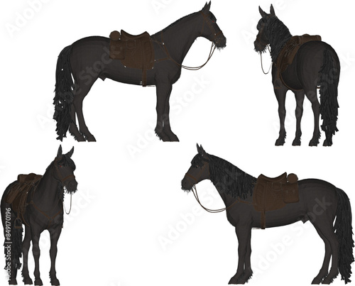 Sketch illustration vector drawing detailed design of animal cowboy riding horse with saddle for riding 