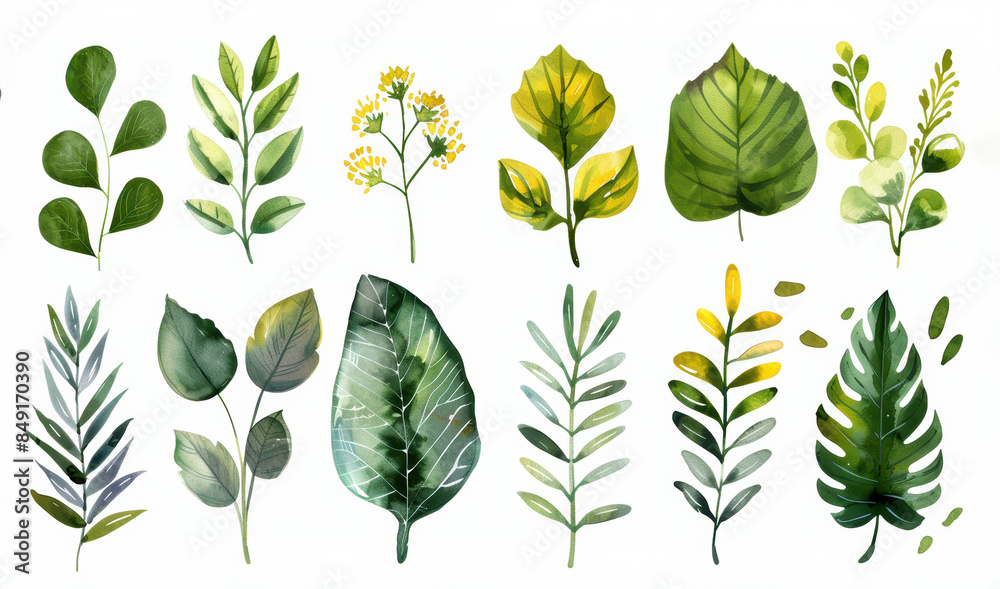 A set of watercolor leaves in various shades of green and yellow. A set of watercolor leaves in various shades of green and yellow.