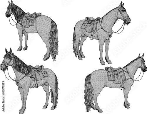 Sketch illustration vector drawing detailed design of animal cowboy riding horse with saddle for riding