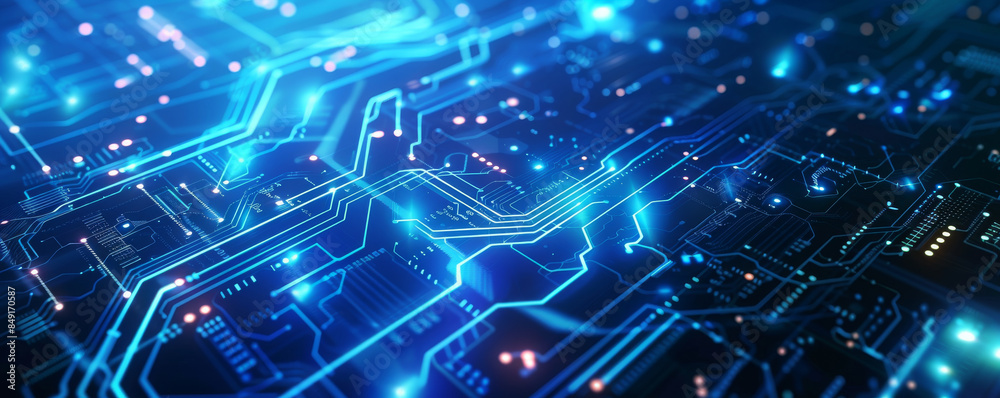 Futuristic neon blue background with circuit board design and glowing elements: Bright and electric, perfect for sci-fi themes Futuristic neon blue background with circuit board design and glowing elements: Bright and electric, perfect for sci-fi themes