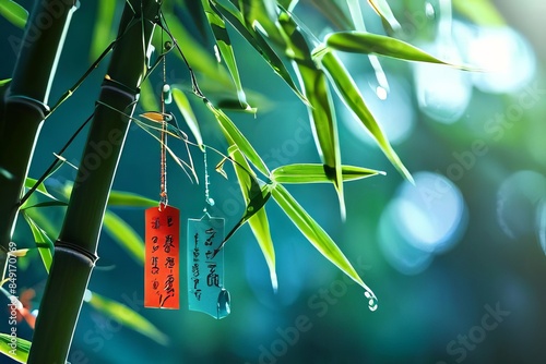 Tiny colored paper notes with hopes attached to bamboo twigs. The symbol of the Japanese Tanabata holiday