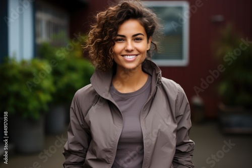 Afro-American woman satisfied and happy in a stylish brown t-shirt and pants holdi, generative IA photo