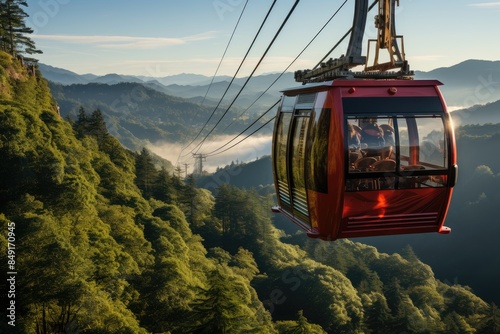 Red cable car climbs to the elephant hill in Campos do Jordão., generative IA
