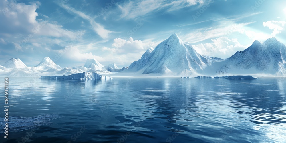 An expansive arctic seascape featuring icebergs and snow-capped mountains reflecting on the calm waters