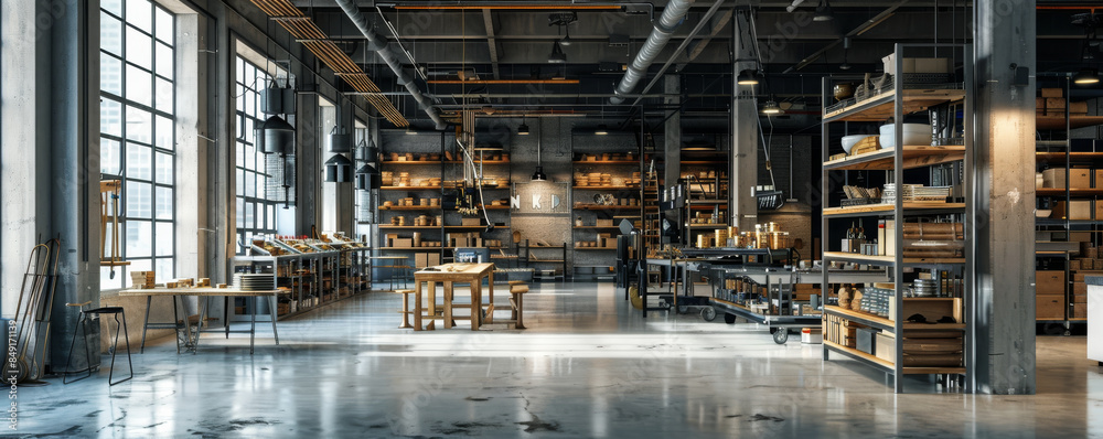 Industrial shop background with metal shelving, concrete floors, and exposed pipes. Industrial shop background with metal shelving, concrete floors, and exposed pipes.