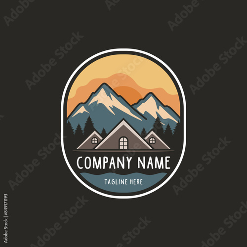 Cabin house rental with forest mountain logo design template, home cabin logo construction. house mountain logo template Vector illustration