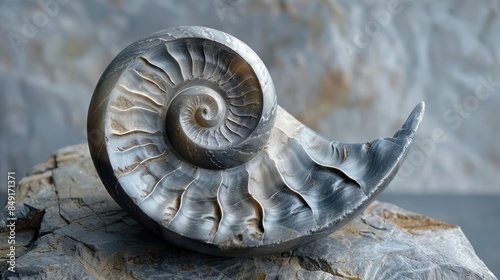 A fossilized ammonite, a type of extinct marine mollusk, on a piece of rock. photo