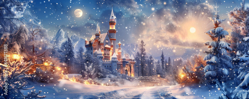 Magical winter background with snow-covered fairytale castle, bright moonlight, and a starry sky.