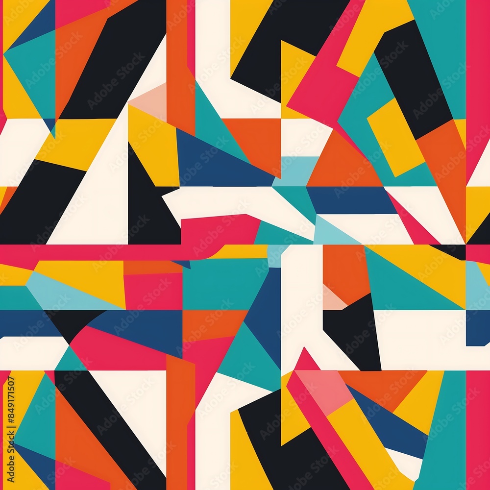 A vibrant and abstract geometric pattern composed of intersecting shapes and bold colors, perfect for use in print design, textiles, or digital backgrounds, adding a modern and dynamic A vibrant and abstract geometric pattern composed of intersecting shapes and bold colors, perfect for use in print design, textiles, or digital backgrounds, adding a modern and dynamic