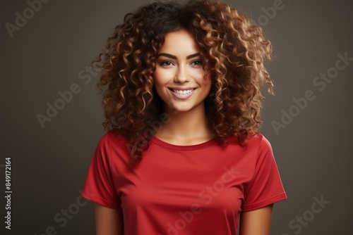 Charming, feminine and glamorous African American woman with curly hair on a red t, generative IA © Gabriel