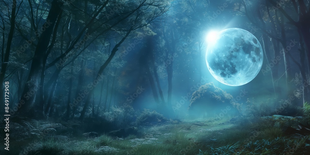 Fototapeta premium A tranquil blue-lit forest scene with a prominent full moon casting a serene ambiance
