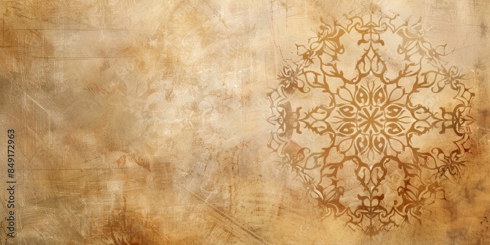 Fototapeta premium Vintage sepia-toned floral mandala design on grungy textured background, ornament concept. Background with copy space