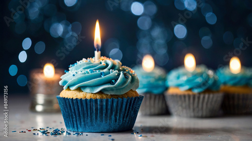 Blue birthday cupcake with candle on blue bokeh light background and sprinkles photo