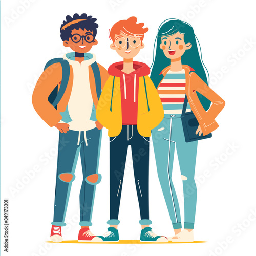 Three diverse young adults stand together, confident smiles, casual clothing, stylish eyewear. Group friends, male female, multicultural representation, modern casual fashion. Students standing
