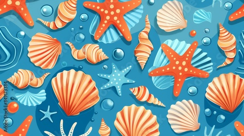 Flat illustration of undersea elements like shells and starfish in a seamless pattern.
