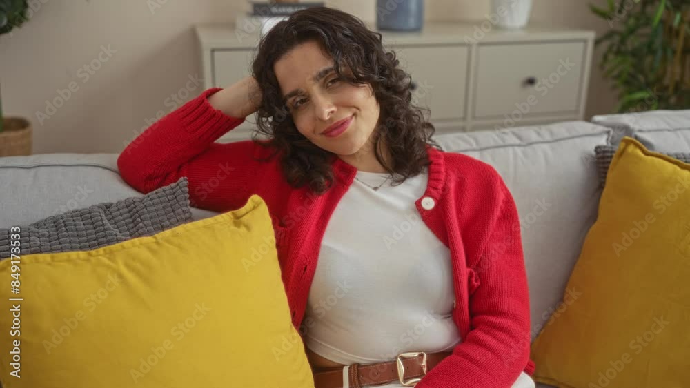 A young, attractive hispanic woman with brunette hair sits comfortably on a couch in an indoor living room, dressed in a red cardigan and white top against a background of cozy pillows and home decor. A young, attractive hispanic woman with brunette hair sits comfortably on a couch in an indoor living room, dressed in a red cardigan and white top against a background of cozy pillows and home decor.
