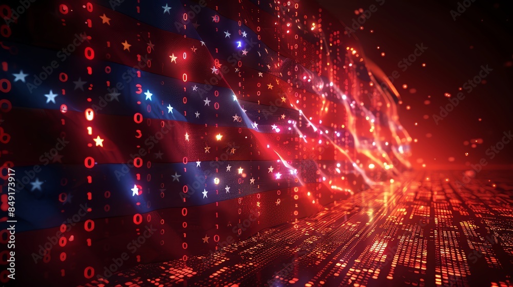 Fototapeta premium A digital illustration of the American flag with binary code, side view, blending patriotism with technology, cybernetic tone, Splitcomplementary color scheme