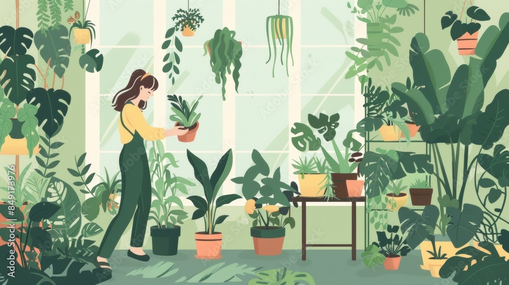 A woman standing in a room filled with potted plants A woman standing in a room filled with potted plants